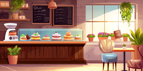 Cozy cafe interior with cakes and sweet desserts in glass showcase on wooden counter bar, table with armchair, blackboard with menu on wall, window and plants in pot. Cartoon coffee and bakery shop.