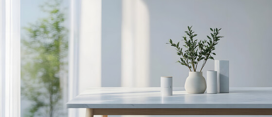 Sticker - A minimalist, bright workspace features a white table with copy space for displaying products.