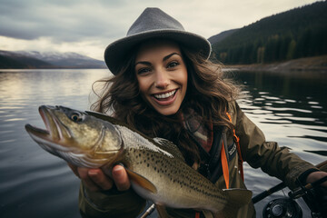 Created with generative ai photo of beautiful woman on fishing trip in river