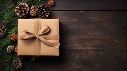 A Festive Delight: Captivating Top View of Christmas Gift Adorned with Pine Cones and Cinnamon Stick