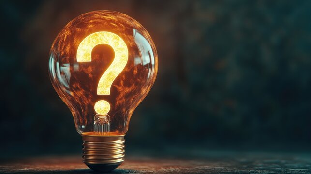 A glowing light bulb with a question mark inside, symbolizing curiosity, ideas, and the quest for knowledge