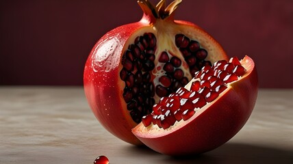 A deep red pomegranate, one whole and one half sliced, revealing the cluster of glistening seeds inside. The background is a light red that complements the bold and exotic appearance of the fruit.