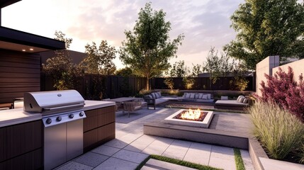 Wall Mural - Modern Backyard Oasis with Fire Pit and Grill