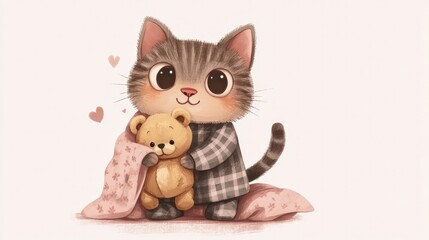 A cartoon cat in pajamas, holding a teddy bear and ready for bed with a cozy blanket.