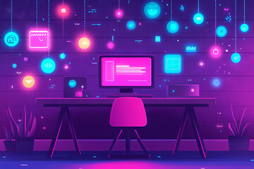 Poster - A vibrant digital workspace with neon lights and a modern computer setup, ideal for tech and creative enthusiasts.