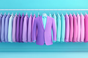 A vibrant display of elegant suits in pastel colors, showcasing a stylish purple suit as the standout piece in the arrangement.