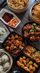 Wall Mural - A table full of Chinese food, including dumplings, noodles, and vegetables