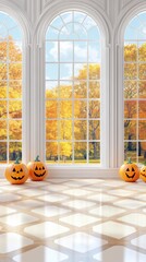 Wall Mural - Carved pumpkins with glowing faces sit on a windowsill in a cozy Halloween-decorated room, while vibrant autumn foliage is visible through the bay window