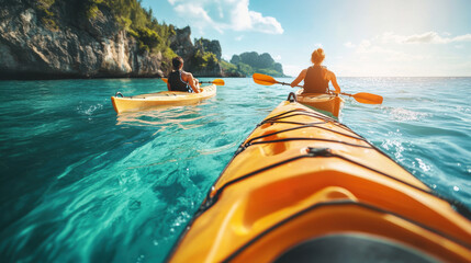 A kayaker exploring rocky valley in shallow sea