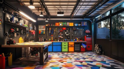 Wall Mural - Modern Garage Workshop with Colorful Decor