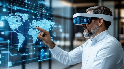 Poster - A senior executive wears augmented reality glasses to explore digital data on a world map, focusing on market trends and financial performance for global business growth