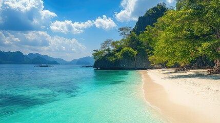 Exotic tropical beach on the island of Palawan, Philippines, with white sand and turquoise water. No people, copy space.