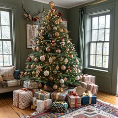 Wall Mural - This festive scene showcases a modern Christmas tree adorned with sleek metallic ornaments and vibrant LED lights, complemented by stylishly wrapped gifts underneath, capturing holiday spirit.

