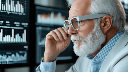 Poster - A senior executive wears augmented reality glasses to explore digital data on a world map, focusing on market trends and financial performance for global business growth