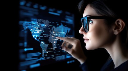 Poster - A senior executive wears augmented reality glasses to explore digital data on a world map, focusing on market trends and financial performance for global business growth