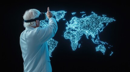 Poster - A senior executive wears augmented reality glasses to explore digital data on a world map, focusing on market trends and financial performance for global business growth