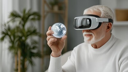 Poster - A senior executive wears augmented reality glasses to explore digital data on a world map, focusing on market trends and financial performance for global business growth