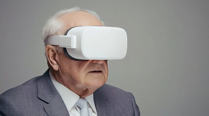 Poster - A senior executive wears augmented reality glasses to explore digital data on a world map, focusing on market trends and financial performance for global business growth