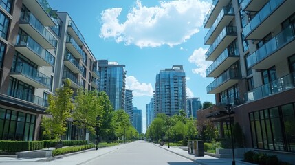 Wall Mural - Modern Residential Cityscape with High Rise Buildings and Lush Greenery