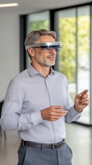 Poster - A senior executive wears augmented reality glasses to explore digital data on a world map, focusing on market trends and financial performance for global business growth