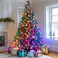 Wall Mural - This festive scene showcases a modern Christmas tree adorned with sleek metallic ornaments and vibrant LED lights, complemented by stylishly wrapped gifts underneath, capturing holiday spirit.

