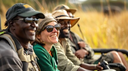 A group of people on a safari drive, smiling and looking out at the landscape.