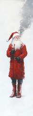 Santa Claus in a traditional red outfit, smoking a pipe against a white snowy background. Christmas themed illustration.