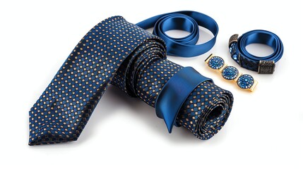 A blue tie, a blue belt, and a gold bracelet with blue stones.