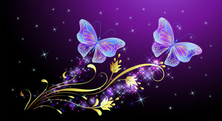 Wall Mural - Fairytale night sky with magical blue butterflies and floral ornament and stars. Fantasy sparkle background.