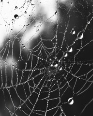 Water droplets shimmer on a spider web against a glass window, highlighting intricate patterns