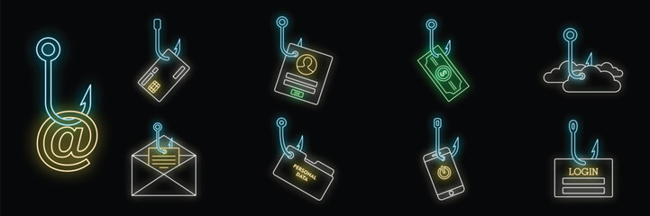 Poster - Neon icon set representing different types of phishing with login data, money, cloud service and personal information at risk
