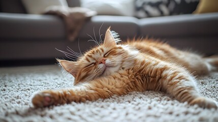 Lazy Orange Tabby Cat Stretching on Plush Carpet in Cozy Home Decor