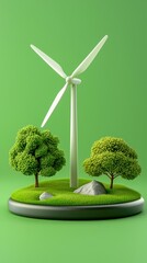 Wall Mural - A sustainable wind turbine surrounded by lush trees and grass, symbolizing eco-friendly energy and green technology.