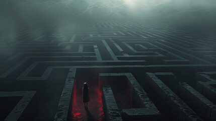 Wall Mural - a man is walking through a maze with a red line on the ground. the maze is dark and gloomy, and the 