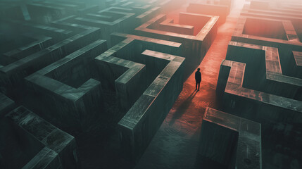 Wall Mural - a man is walking through a maze with a red line on the ground. the maze is dark and gloomy, and the 