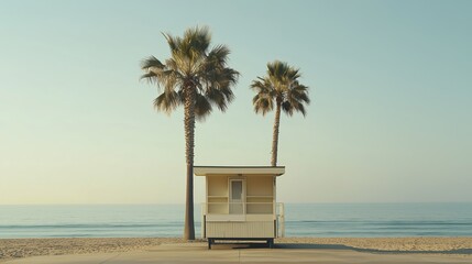 Poster - A serene beach hut under palm trees by the ocean at sunset, capturing tranquility and natural beauty in a coastal setting