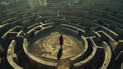 Wall Mural - a man is walking through a maze with a red line on the ground. the maze is dark and gloomy, and the 