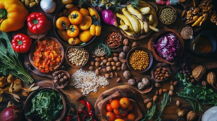 A diverse spread of organic produce is artfully displayed on a wooden surface, highlighting fresh fruits, vegetables, and spices from the harvest