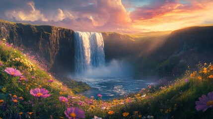 Poster - A waterfall is surrounded by a field of flowers