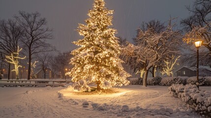 Poster - A Christmas tree is lit up in a snowy park