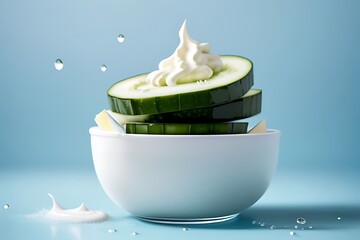 Wall Mural -  cucumber slices splash into a bowl of creamy Greek yogurt, with vibrant droplets and splashes against a light blue background