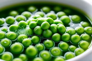 Wall Mural - green peas splash into a pool of vegetable broth, with vivid droplets and splashes against a pale green background.