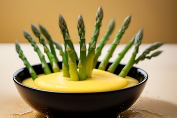 Wall Mural -  Tender asparagus spears dramatically splash into creamy hollandaise sauce, with vivid droplets and splashes against a light yellow backdrop