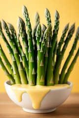 Wall Mural -  Tender asparagus spears dramatically splash into creamy hollandaise sauce, with vivid droplets and splashes against a light yellow backdrop