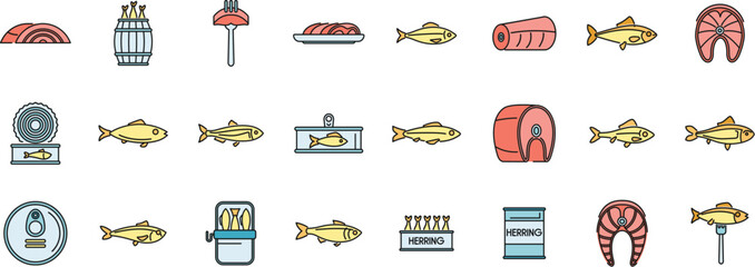 Poster - this icon set features various illustrations related to herring fish and seafood products
