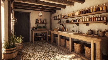 Canvas Print - Rustic Kitchen Interior with Wooden Cabinets and Shelves