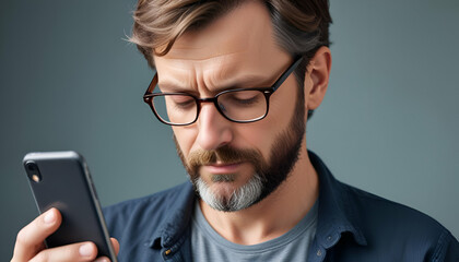 Wall Mural - man with short brown hair and a beard, wearing glasses and a blue denim jacket, looking at a smartphone during daytime