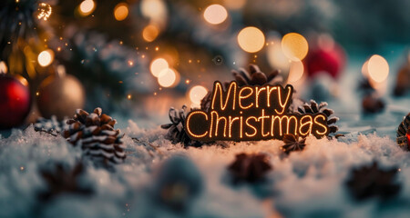 Poster - Merry Christmas is written on a sign that is surrounded by pine cones
