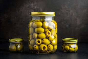 Pickled green olives in brine in jar on black table.