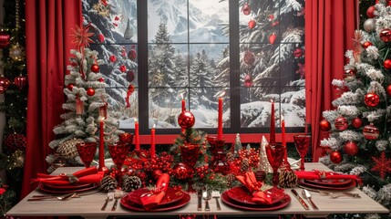 Poster - A red and white Christmas scene with a window and trees